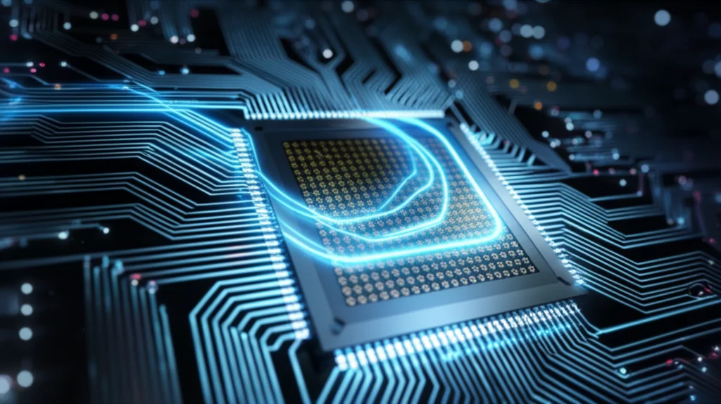 Artistic, wide-angle landscape, 15mm lens, depicting a futuristic quantum computing chip with glowing circuits. Some circuits are visibly, subtly curved, suggesting the application of strain. Long exposure to create smooth light trails, sharp focus on the chip details.