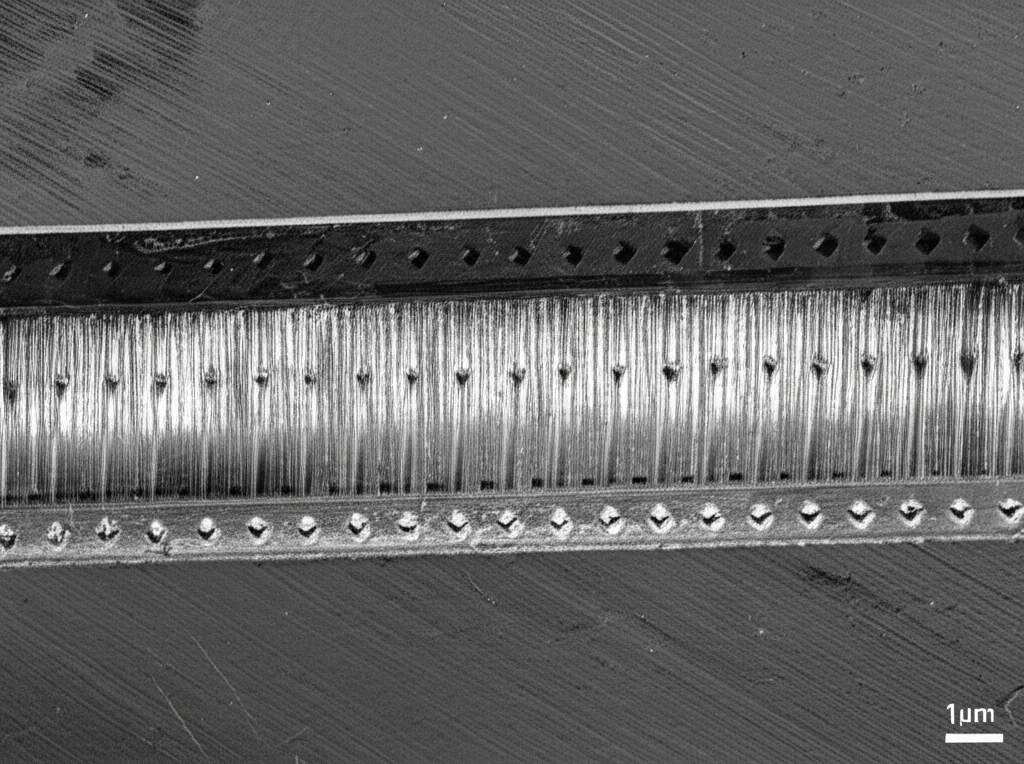 Macro photography showing the microhardness indentations across a friction stir welded joint cross-section, high detail, precise focusing, controlled lighting.