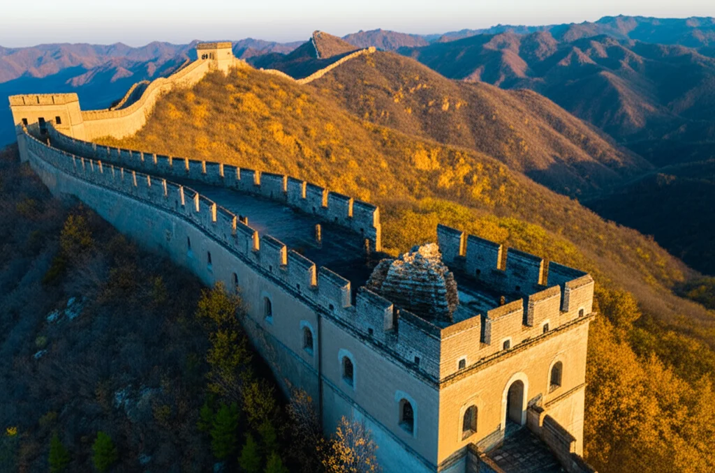 Wide-angle landscape photo, 15mm lens, sharp focus, showing a damaged section of the Great Wall defensive fort from a drone's perspective, complex natural background with trees and hills, golden hour lighting.
