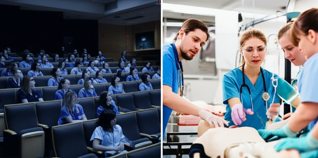 A split-screen photorealistic image. Left: nursing students in a traditional, dimly lit lecture hall, 35mm lens, desaturated duotone (grey and muted blue), conveying a passive learning environment. Right: nursing students actively engaged around a high-fidelity mannequin in a bright, modern simulation lab, 35mm lens, vibrant but realistic colors, depth of field focusing on the active students.