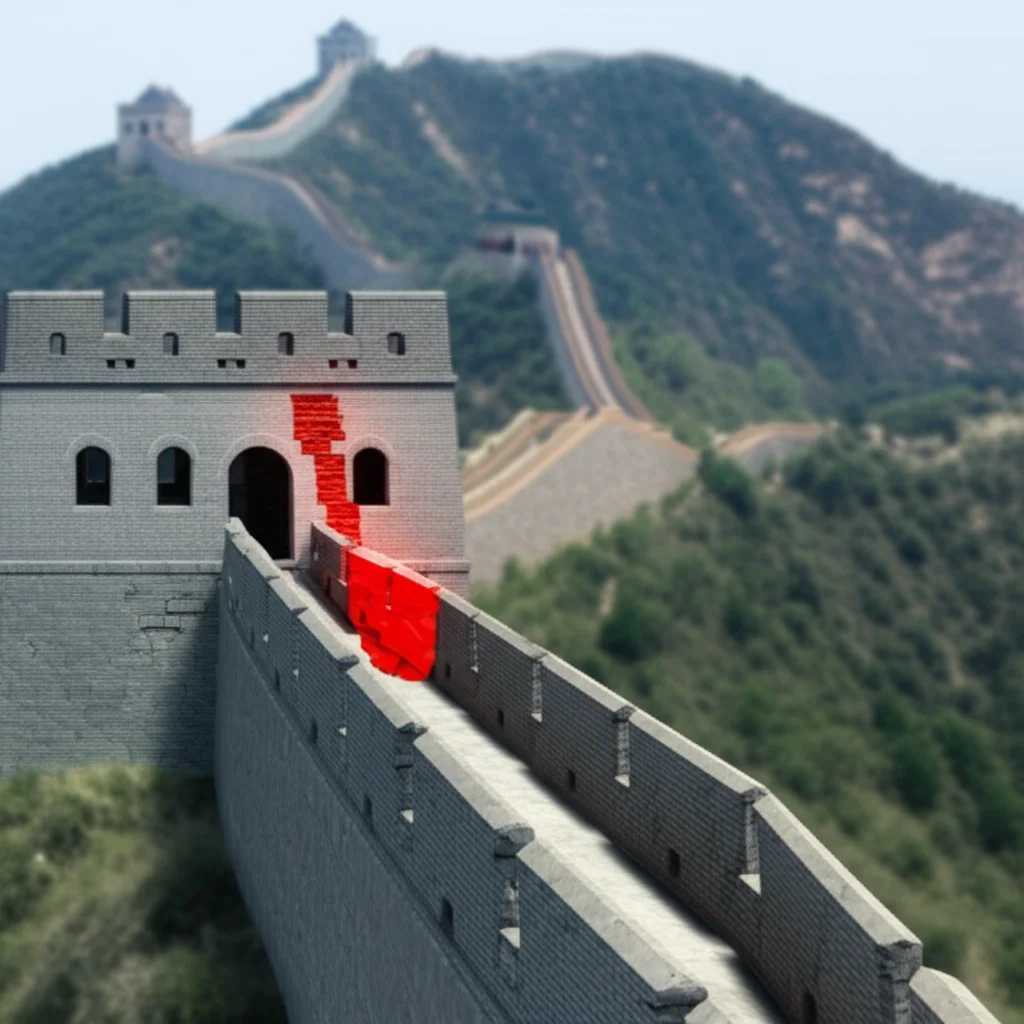 Photorealistic 3D rendering showing a reconstructed model of an ancient Great Wall defensive fort with a section highlighted in red, representing the precisely localized brick missing damage, set against a blurred background of the actual fort.