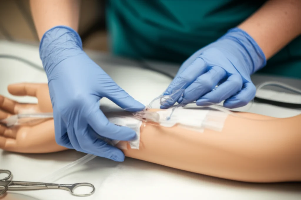 Photorealistic close-up of a nursing student's gloved hands meticulously performing a procedure on a simulated patient's arm in a cardiac care setting. Macro lens, 90mm, high detail on the skin texture of the mannequin and the medical equipment, precise focusing, controlled, soft clinical lighting.