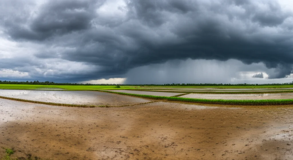 Wide-angle landscape photo of a flooded rice field in rural Bangladesh under a stormy sky, 10mm wide-angle lens, sharp focus.