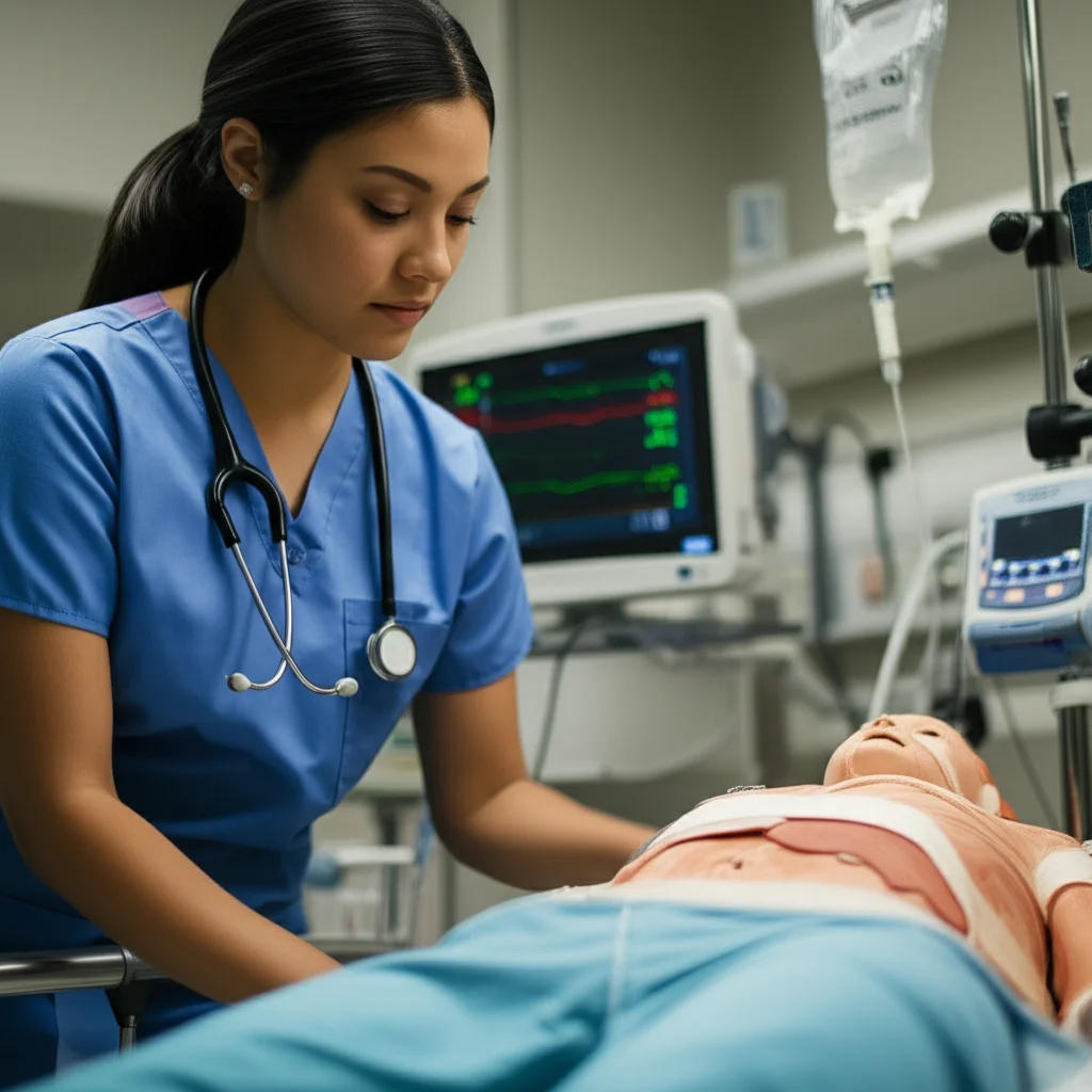 A dynamic photorealistic shot of a nursing student, mid-action, responding to a simulated cardiac emergency in a high-fidelity ICU environment. Telephoto zoom lens, 100mm, fast shutter speed to freeze motion, action tracking focused on the student's decisive movements, conveying urgency and competence.