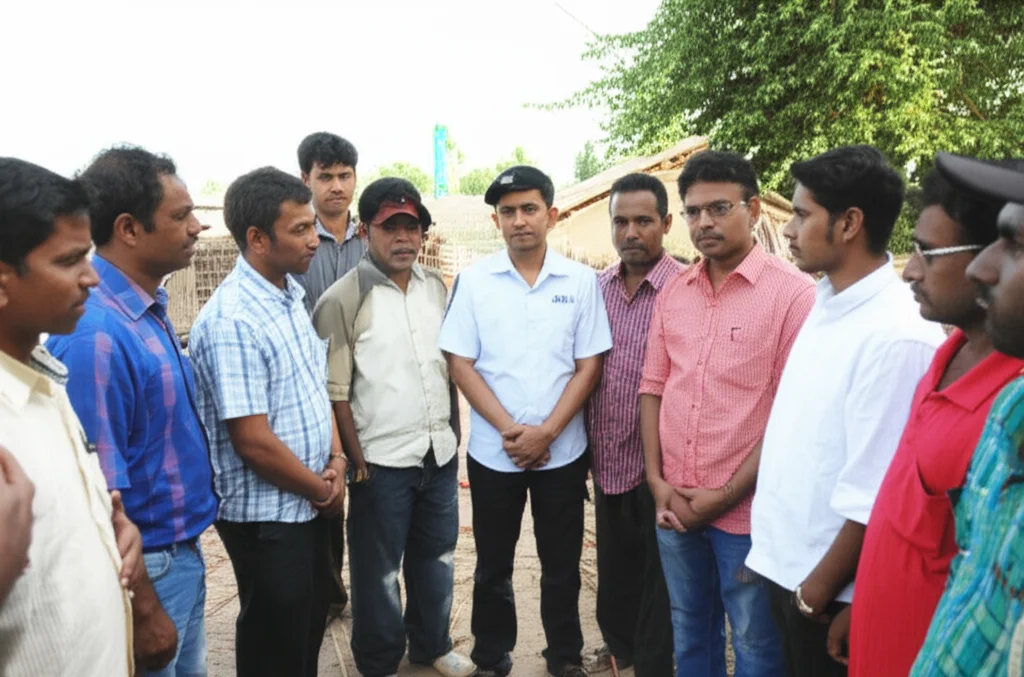 Group portrait photography of farmers meeting with an agricultural extension officer in a village setting, 24mm portrait lens, depth of field.