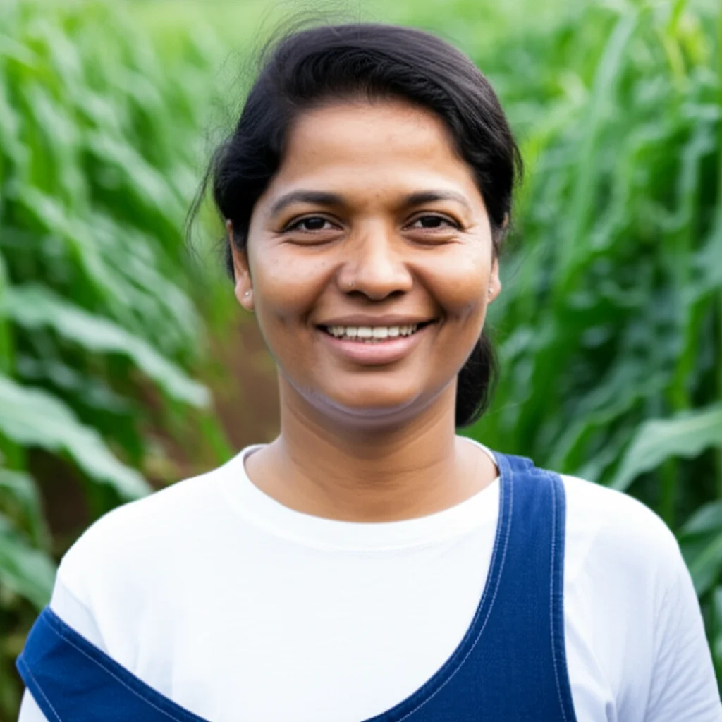 Portrait photography of a woman farmer smiling in her field, 35mm portrait lens, high detail, controlled lighting.