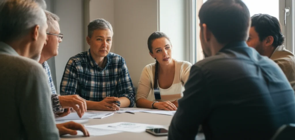 A diverse group of people (farmer, consumer, scientist, policymaker) sitting around a circular table, engaged in an animated discussion. Prime lens, 35mm, depth of field, natural lighting from a window.