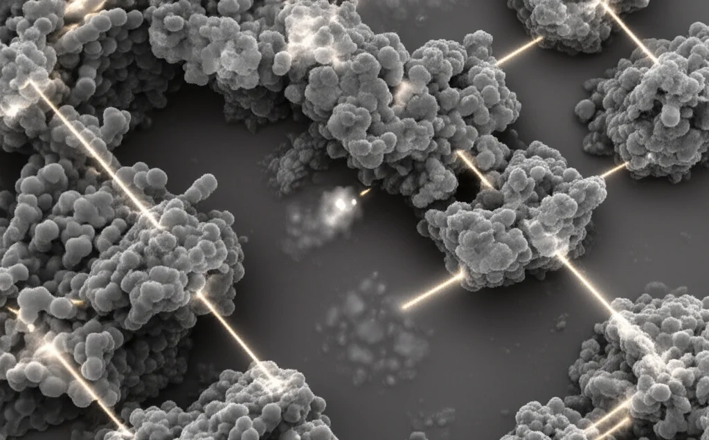 Macro shot (80mm) showing zinc oxide nanoparticles undergoing recrystallization, with glowing lines representing Al ion diffusion and new crystal structures forming, rendered with high detail and precise focusing.