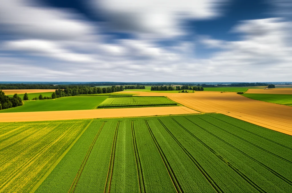 Wide-angle landscape shot of a diverse German farm, 10-24mm, showing small fields with different crops, perhaps some agroforestry elements, under a hopeful sky, sharp focus, long exposure for smooth clouds.