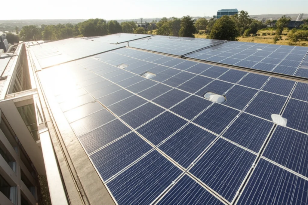 Wide-angle landscape shot of a modern, energy-efficient university dormitory building with solar panels visible on the roof, bright sunshine, 10mm lens.