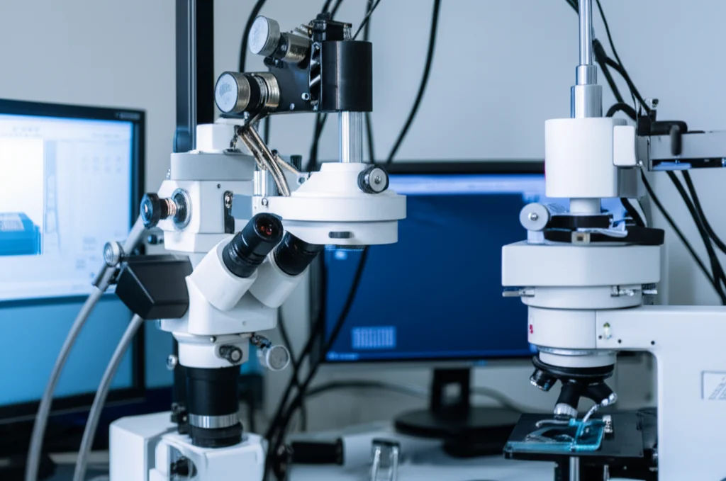 Still life photo (105mm) of laboratory equipment used for materials characterization, showing an X-ray diffractometer or electron microscope, rendered with precise focusing and controlled lighting.