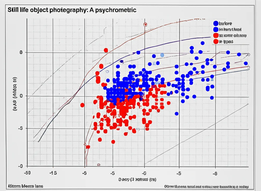 Still life object photography: A psychrometric chart with data points plotted, showing distinct clusters before (red) and after (blue) a building retrofit, 60mm Macro lens, controlled lighting.