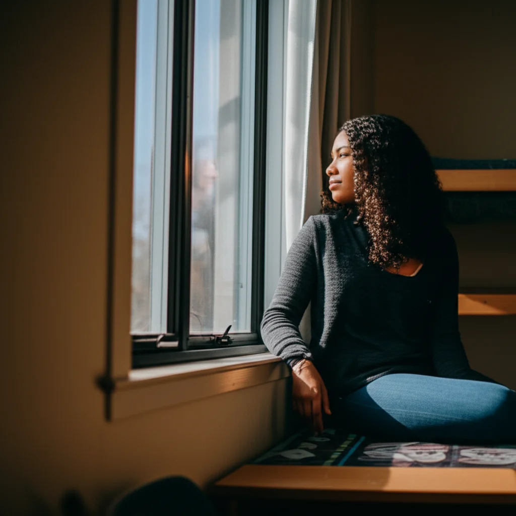 Portrait photography example: A student looking out a window in a comfortable, well-lit dorm room, 35mm portrait, depth of field.