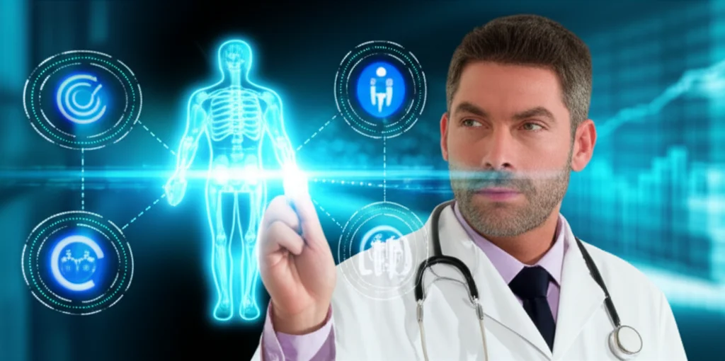 Conceptual image representing male health markers and data analysis, photorealistic, controlled lighting.