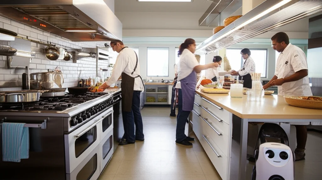 A busy kitchen scene with a robot and several humans, wide-angle 24mm, sharp focus, showing shared space and independent activities.