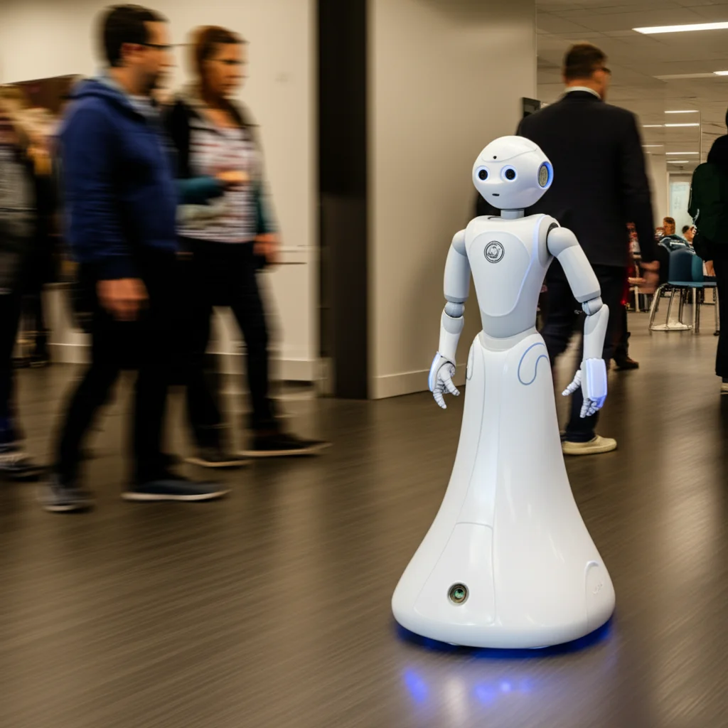 A robot smoothly navigating through a crowded room, telephoto zoom 100mm, fast shutter speed, movement tracking, illustrating effective policy blending.