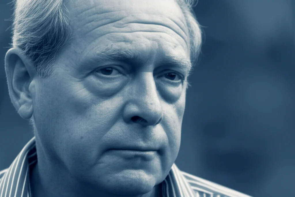 A thoughtful adult man, 35mm portrait, depth of field, blue and grey duotones.