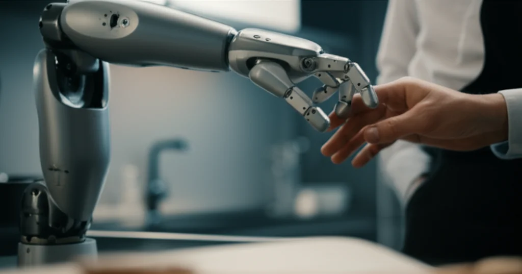 A detailed view of a robot and a human working near each other in a kitchen environment, macro lens 60mm, high detail, precise focusing, controlled lighting, depicting a coexistence scenario.