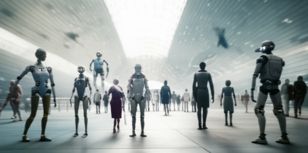 A diverse group of robots and humans interacting naturally in a futuristic public space, wide-angle 24mm, sharp focus, long exposure, symbolizing advanced multi-agent coexistence.