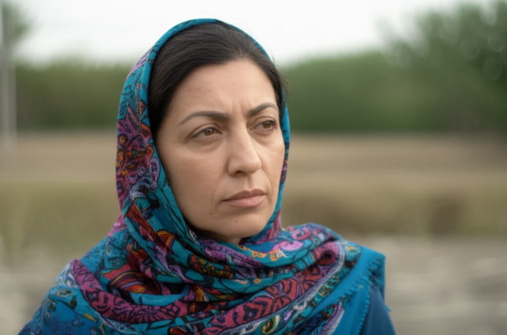 A thoughtful middle-aged Iranian woman, 35mm portrait, depth of field, looking slightly off-camera with a pensive expression, suggesting emotional depth.