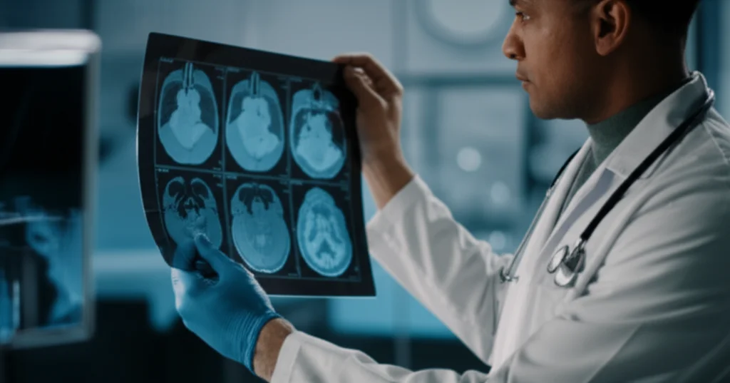 Doctor reviewing medical scan with predictive model results overlay, 35mm portrait lens, depth of field