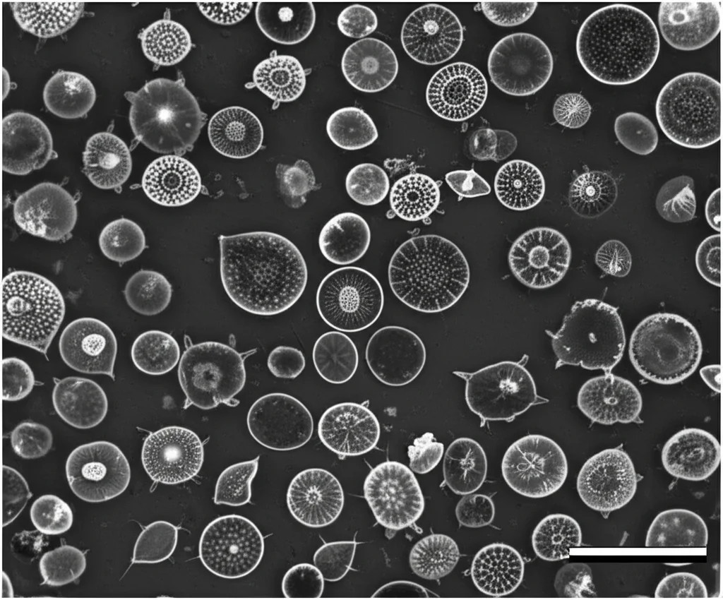 Macro photography, 100mm Macro lens, high detail, precise focusing. An assortment of microscopic marine fossils recovered from the 1755 tsunami deposit in Conil de la Frontera. The image should showcase identifiable foraminifera (like Globigerina and Cibicidoides) and tiny bryozoan fragments against a dark, contrasting background to highlight their delicate structures. Include a small scale bar for reference.