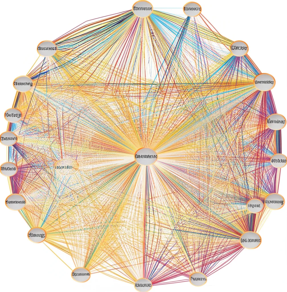A complex network graph showing nodes representing psychological symptoms and edges representing their connections, high detail, precise focusing.