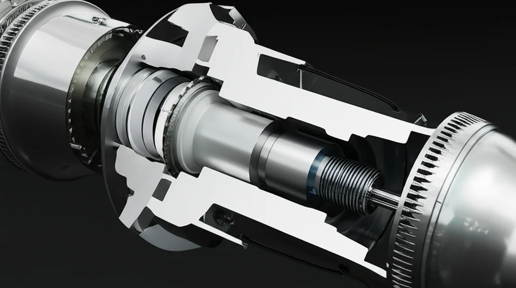 A detailed close-up, macro lens, 80mm, of a complex metallic and ceramic thruster component, possibly a cutaway view showing internal structures, with controlled studio lighting highlighting intricate details and textures. The component should look advanced and experimental, perhaps with a faint glow emanating from within.