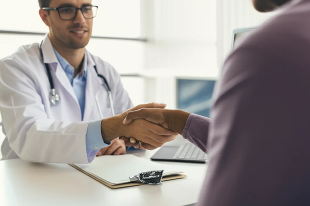 A healthcare professional gently interacting with a patient in a clinic setting, 24mm portrait, depth of field, focusing on their hands or faces.