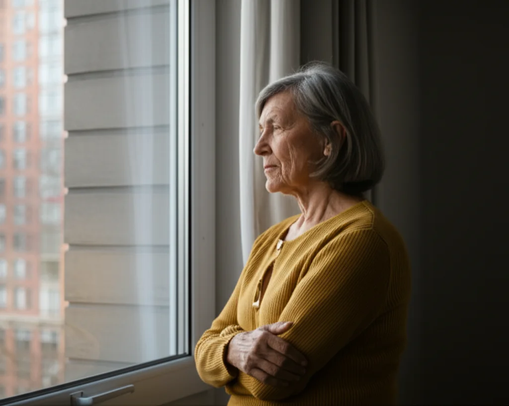 A thoughtful older person sitting quietly by a window, 35mm portrait, soft natural light, depth of field, representing the introspection and challenges of health recovery.