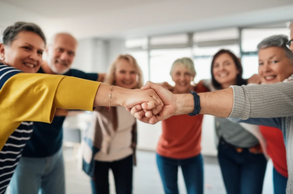 A diverse group of middle-aged and elderly individuals engaged in a supportive group activity, wide-angle lens, 24mm, capturing a sense of community and social connection, soft focus on background.