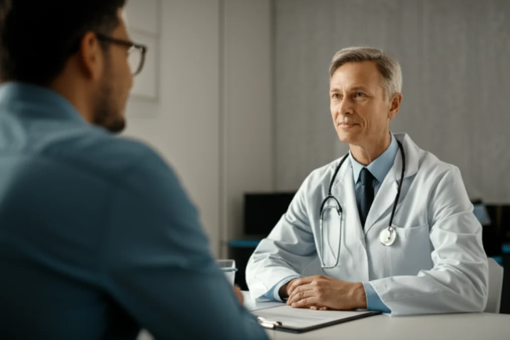 A healthcare professional talking empathetically with an older patient in a clinic setting, 35mm portrait, shallow depth of field focusing on their interaction, conveying care and support.