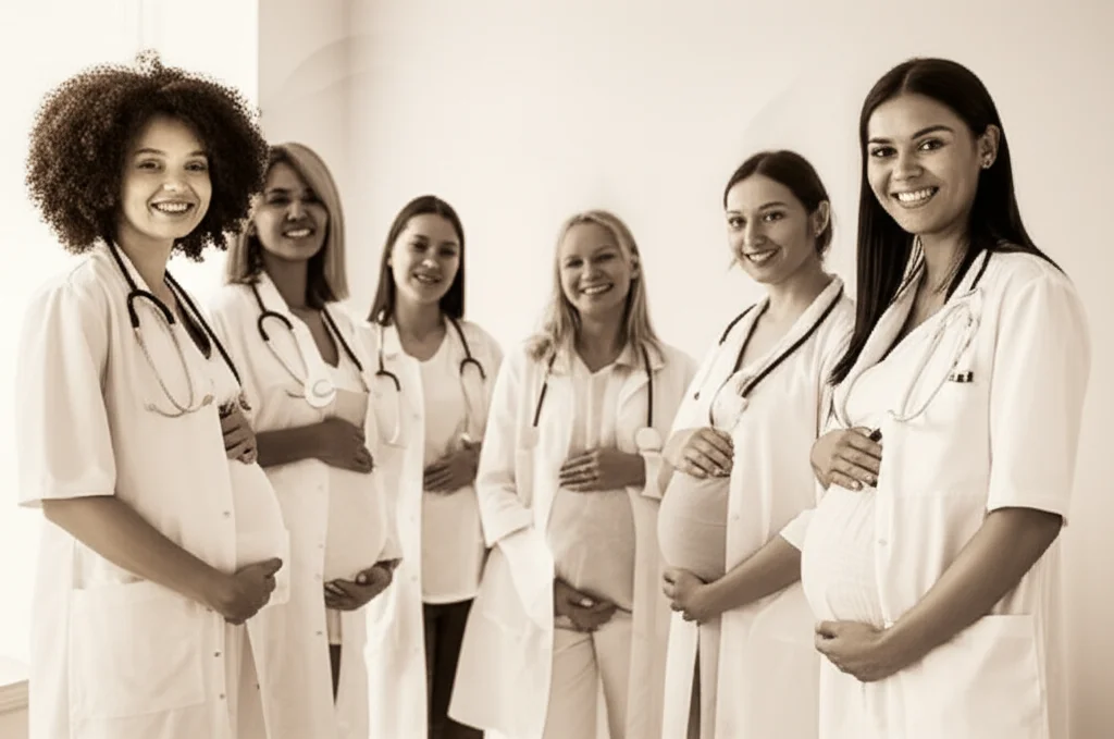 A poignant portrait photography shot, 35mm prime lens, of a diverse group of smiling pregnant women in a bright, airy clinic, depth of field, warm duotones (sepia and cream), symbolizing hope in maternal healthcare.