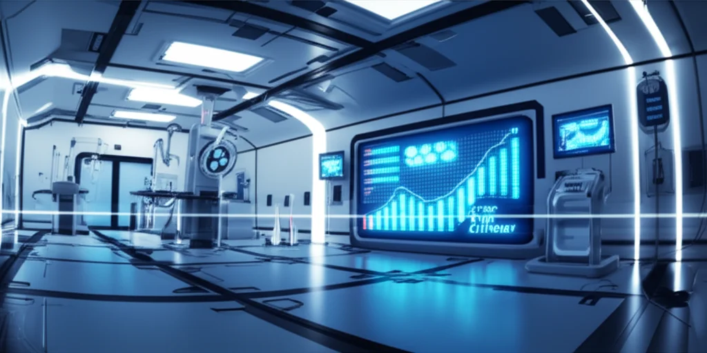 A wide-angle, 15mm, landscape shot of a futuristic, clean medical lab with a large screen displaying glowing charts and graphs indicating positive predictive results for preeclampsia, sharp focus, long exposure to create subtle light trails from equipment.