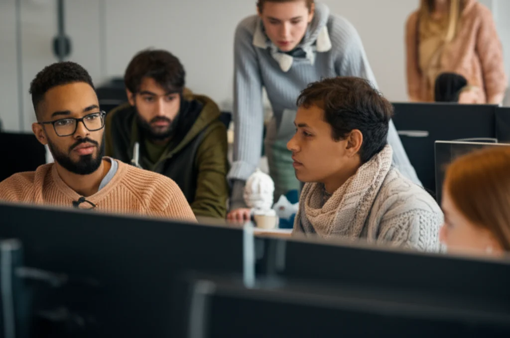 A diverse group of college students in a modern computer lab, engaged in discussion, 35mm portrait, depth of field.