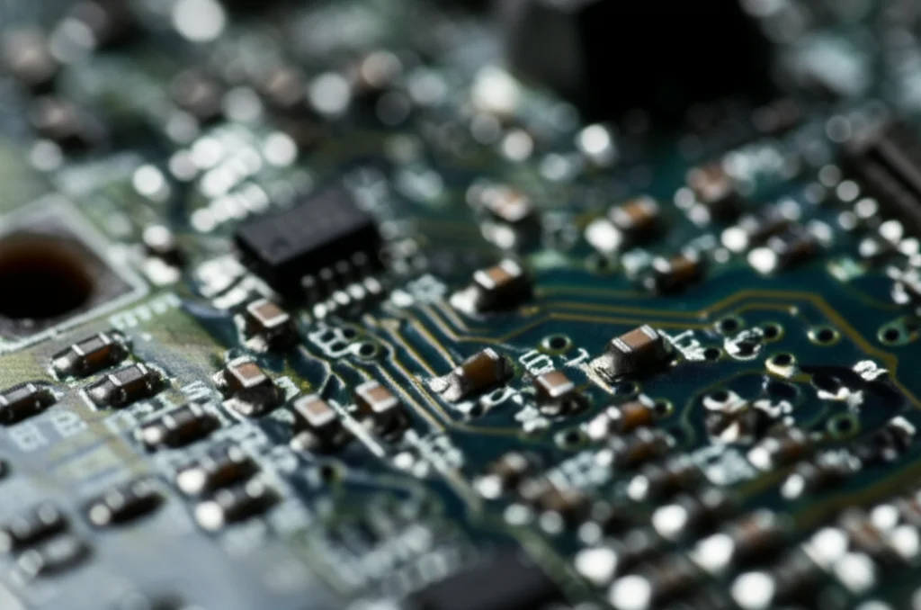 A close-up, macro lens shot of a detailed circuit board with focused lighting, 105mm, high detail.
