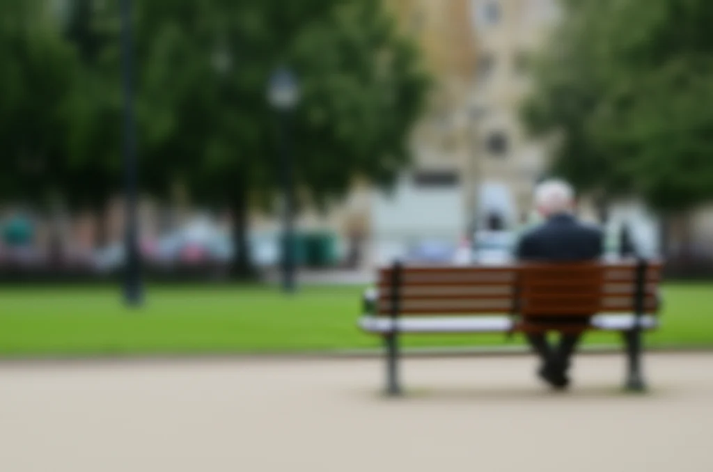 A single older man sitting alone on a park bench, viewed from a distance with a telephoto zoom lens, capturing a sense of isolation.