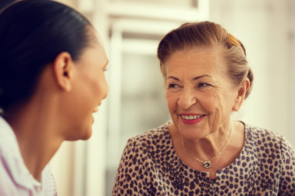 An older woman smiling and talking with a younger person, 35mm portrait, shallow depth of field, warm lighting.