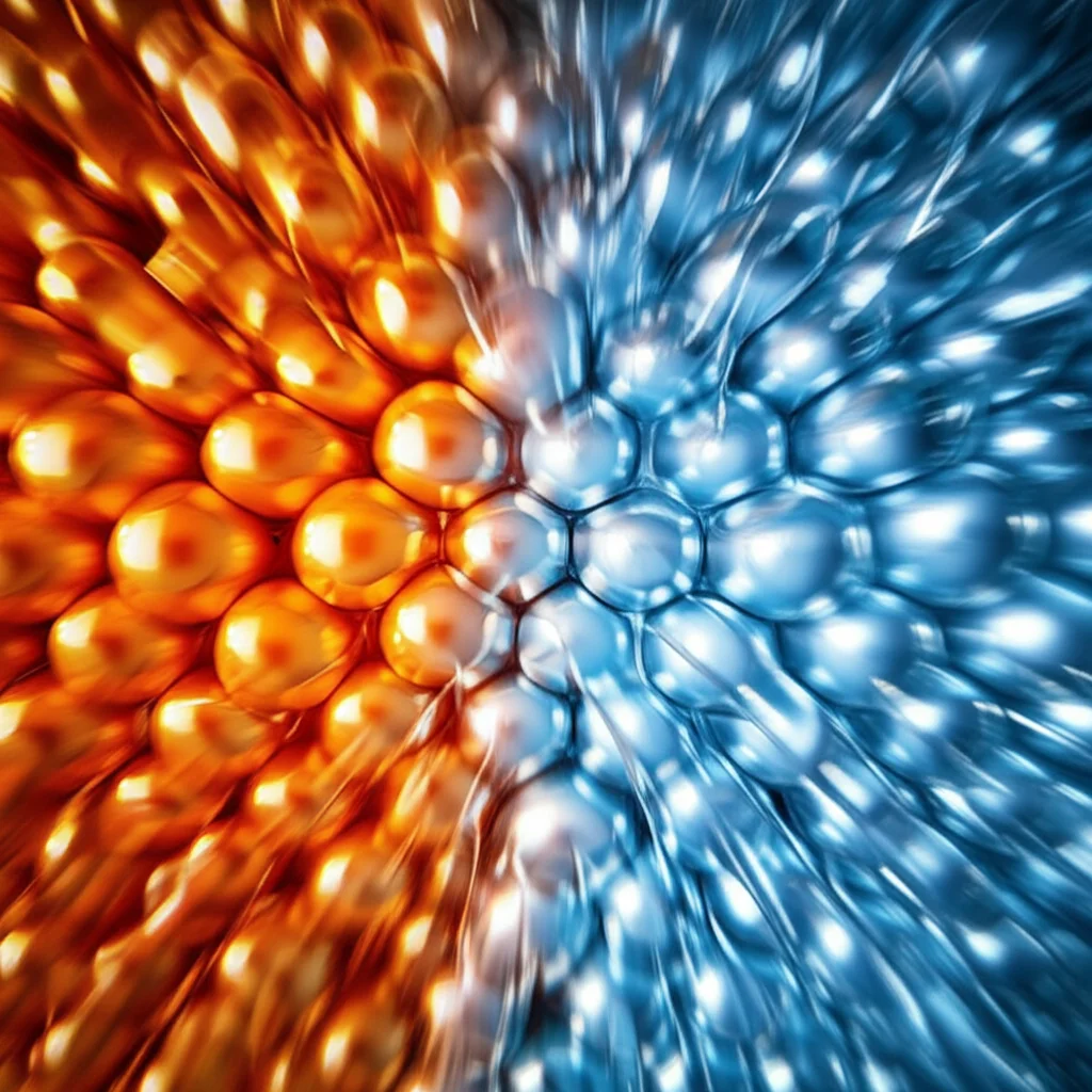 Macro lens, 80mm, capturing a conceptual, photorealistic visualization of atoms in a supercooled liquid. At one end, atoms are vibrant and moving freely (blurred motion trails), transitioning to a more densely packed, slower-moving state at the other end, signifying cooling. Use high detail and controlled lighting to highlight the atomic structures.