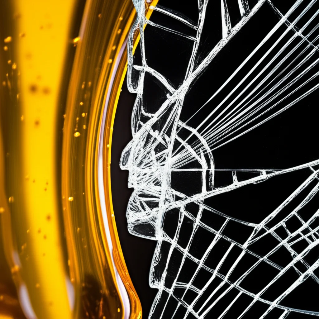 A conceptual still life, macro lens, 100mm, photorealistic. Two distinct textures side-by-side: one representing smooth, viscous flow (like honey slowly dripping, stretched), the other representing fractured, stressed material with sharp, linear features (like cracked glass or stressed metal, compressed). High detail, precise focusing, controlled lighting to emphasize the contrast.
