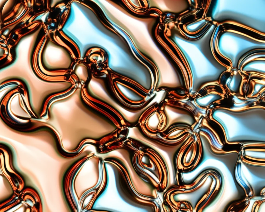 A photorealistic macro depiction, 60mm lens, of an abstract model representing nm-scale domains in a metallic glass. Some domains appear slightly fluid and interconnected (representing liquid-like motion), while others are more rigid and show signs of collective pushing or slight rotation against each other (representing stress-driven ballistic motion). Use subtle color cues (warm for fluid, cool for stressed) and high detail. Controlled lighting to create depth and texture.