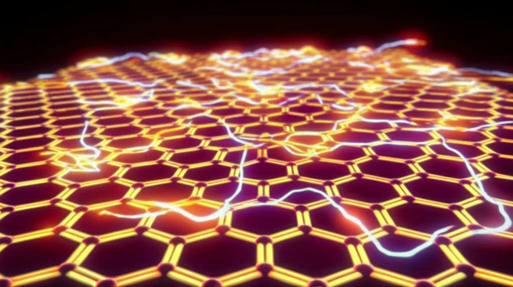 Wide-angle, 10-24mm, sharp focus, an artistic rendering of a 2D conjugated coordination polymer (Cu3BHT) film, showing its honeycomb-like atomic lattice structure glowing faintly, with stylized electrons (hot carriers) depicted as bright streaks of light moving rapidly across its surface, emphasizing its unique conductive properties.