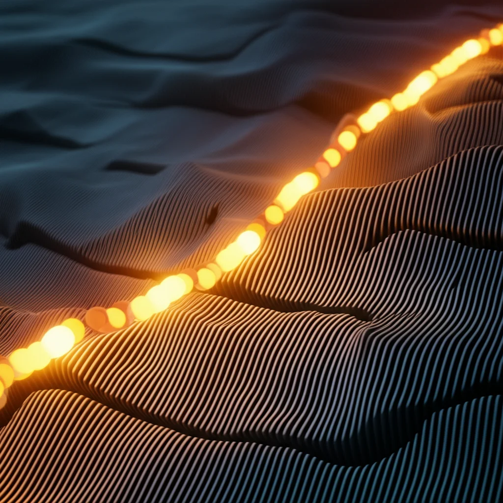 Telephoto zoom, 100-400mm, Fast shutter speed, Action or movement tracking, a dynamic conceptual image illustrating hot carriers as glowing, energetic particles zipping through a stylized 2D material landscape, overcoming grain boundaries (represented as small ridges or breaks in the material) with ease, conveying ultrahigh mobility and speed.