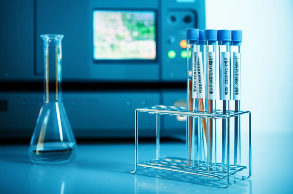 Still life, 60mm macro lens, precise focusing, controlled lighting, showing laboratory equipment used for chemical analysis like HPLC and NMR tubes, representing the detailed metabolic profiling and product identification.