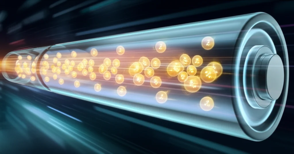 A dynamic motion shot, telephoto zoom 200mm, fast shutter speed, capturing an abstract representation of lithium ions (glowing particles) rapidly moving along a defined pathway within a stylized, transparent battery structure. Action or movement tracking effect should be evident, with slight motion blur on the ions.