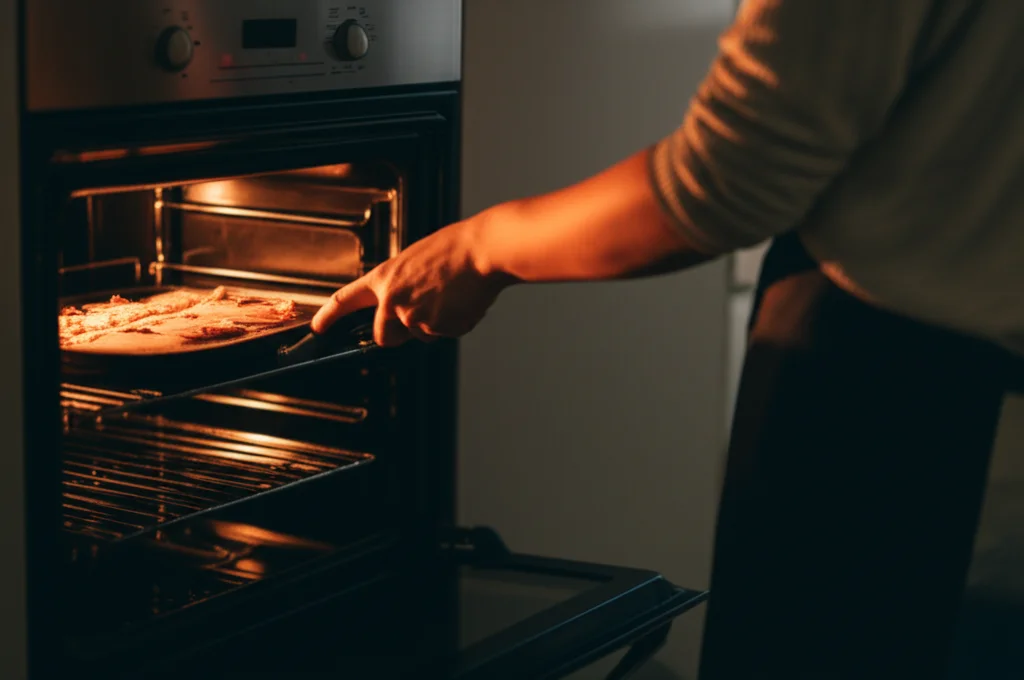 Photorealistic image of a person cooking dinner in a kitchen, oven light on, warm evening glow. 35mm portrait, depth of field, warm tones.
