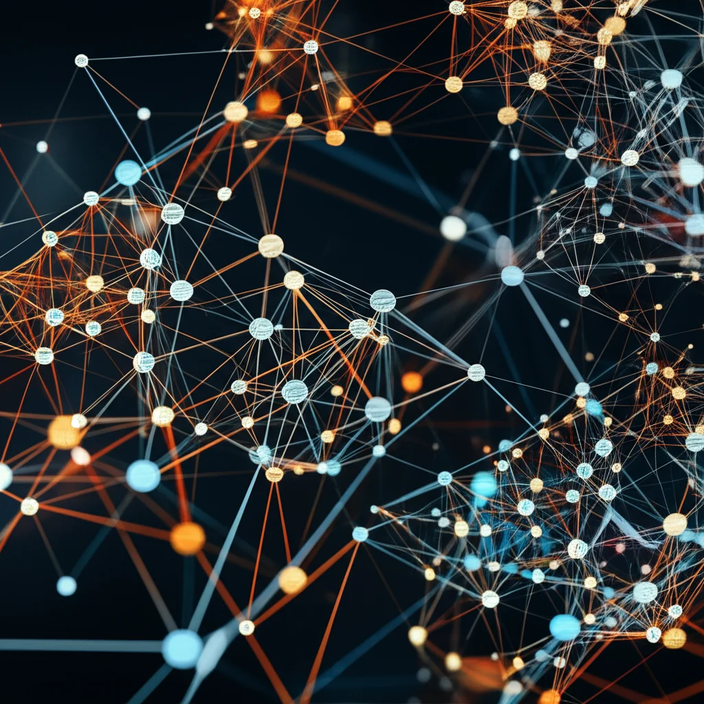 A complex network diagram showing interconnected nodes representing different cognitive functions like memory, emotion, and intention, wide-angle 24mm, sharp focus, long exposure