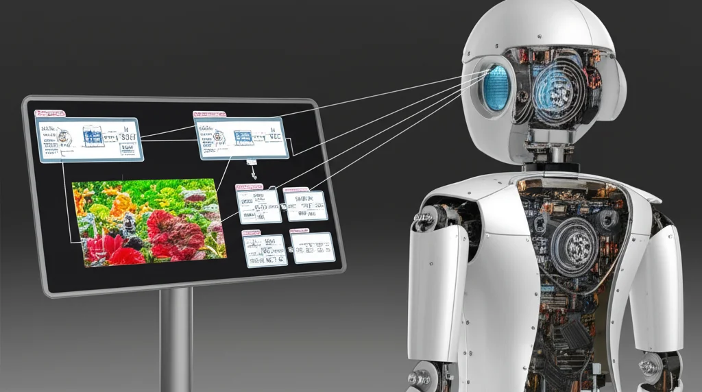 A robot (Mobi-like) looking at a screen displaying an image, with lines connecting the screen to internal processing diagrams, telephoto zoom 100mm, precise focusing, controlled lighting
