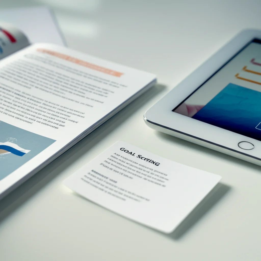Close-up, still life shot of a patient pack on a clean dental clinic surface. Includes a well-designed booklet, a small card with goal-setting prompts, and a glimpse of a tablet screen showing a video interface. Macro lens, 85mm, high detail, controlled lighting to highlight textures.