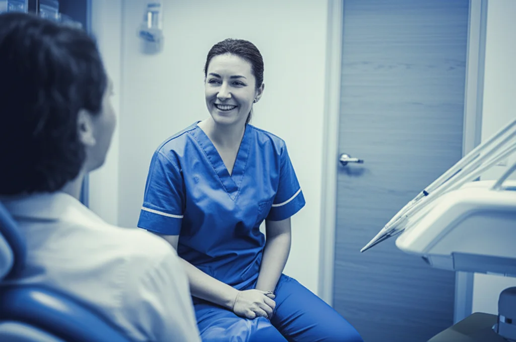 A dental nurse, mid-30s, wearing scrubs, is having a friendly, empathetic conversation with a patient in a calm, private consultation area of a dental clinic. The nurse is leaning forward slightly, listening intently. Portrait photography, 35mm lens, soft natural light, duotone in calming blues and greys.